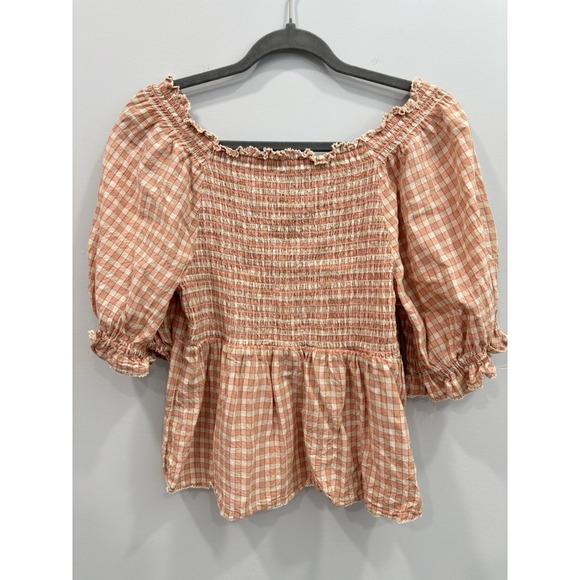 Old Navy Gingham Check Off Shoulder Peasant Top Orange Cottagecore Medium - Picture 3 of 8